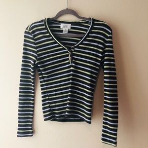 Y2K 90’S AMERICAN OUTPOST STRIPED LONG SLEEVE RIBBED KNIT V NECK TOP SIZE LARGE